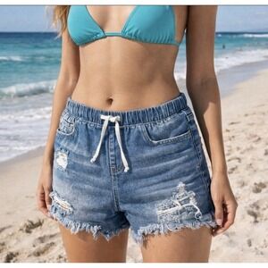 YMI Dream Denim Shorts Sz L Cut Off Pull On Elastic Drawstring Waist Distressed